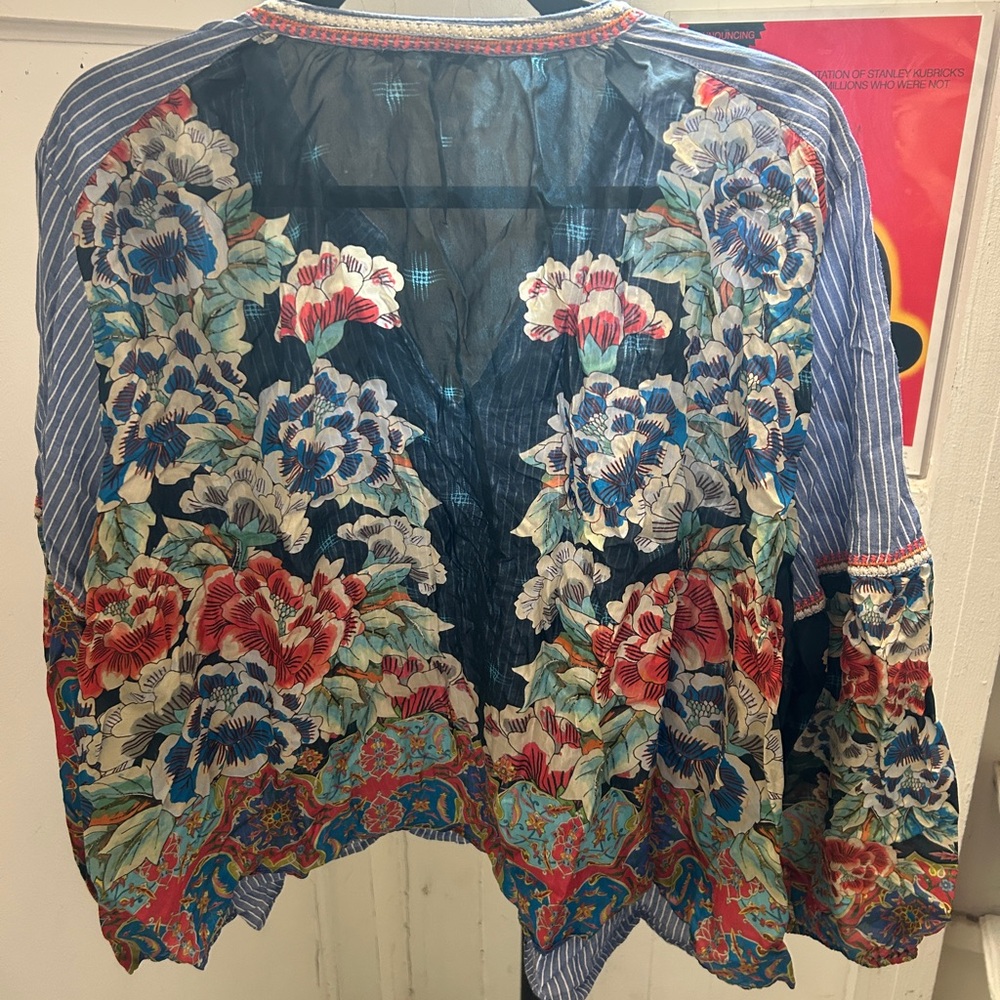 Johnny Was Blue Striped Shirt with Floral Sleeves - Picture 2 of 4